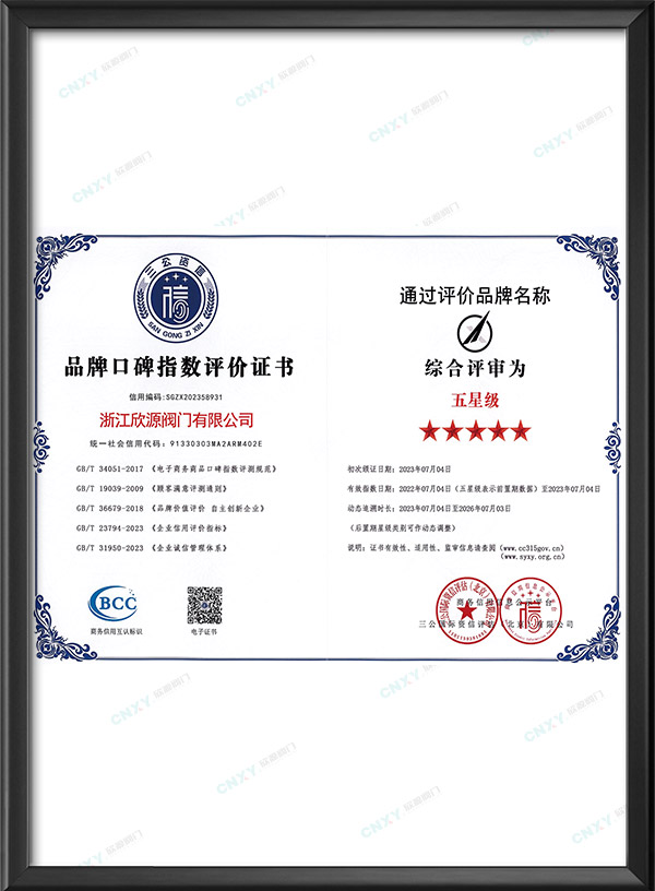 五星（xīng）級品牌口（kǒu）碑指（zhǐ）數評價證書